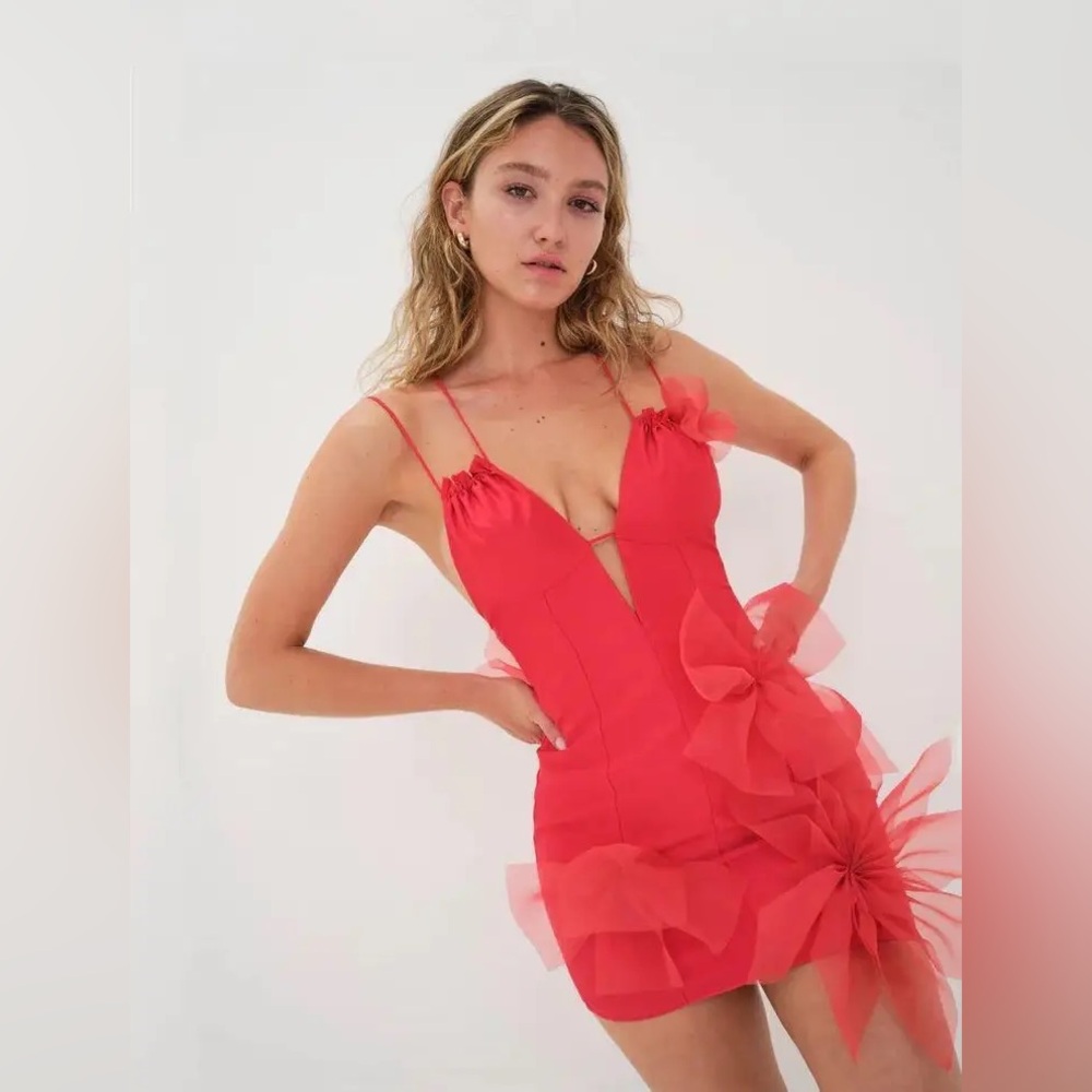 NWT For Love & Lemons Alberta Satin Tulle Low Back Mini Dress Red